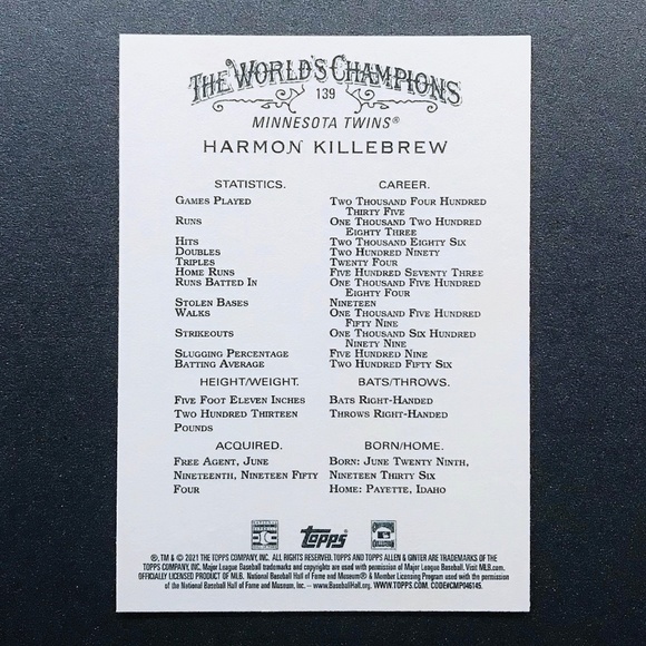 Harmon Killebrew - 2021 Topps Allen and Ginter #139 - Picture 2 of 2